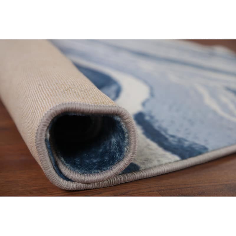 Machine-Made Washable Contemporary Blue Rug Oriental Decorative Carpet