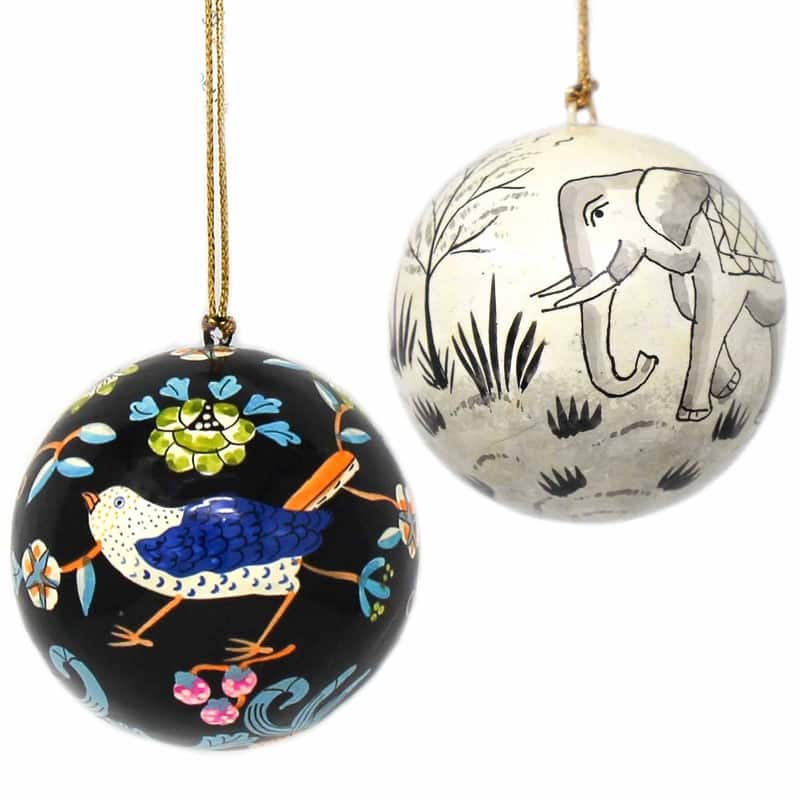 Recycled Paper Handpainted Animal Theme Ornaments, Set of 2 (India) - Elephant/Bird