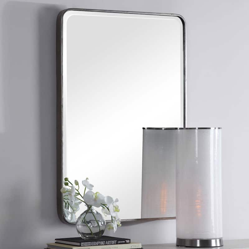 Uttermost Aramis 36" x 24" Contemporary Thin Framed Wall Mirror - Distressed Silver Leaf