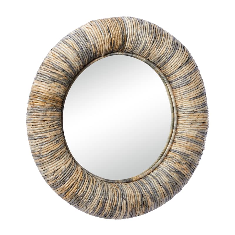 Gray Banana Leaf Room Wall Mirror with Coiled Frame and Blue Accents - 35 x 3 x 35 Round