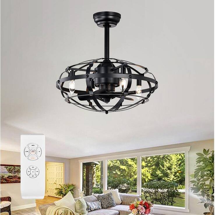 20" Industrial Ceiling Fan Light Kit for Living Room Bedroom Kitchen and Bladeless Caged Ceiling Fan with Lights - 20 Inches - Black
