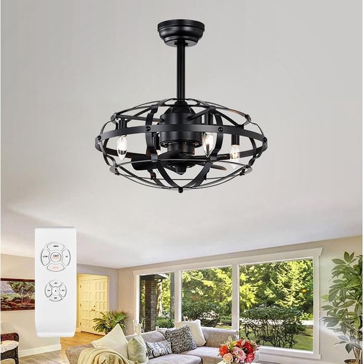 Cusp Barn Modern Enclosed Caged Ceiling Fan with Remote Control, Farmhouse Bladeless Rust Industrial Light Fixture for Bedroom - Matte Black - 20.5-Inch