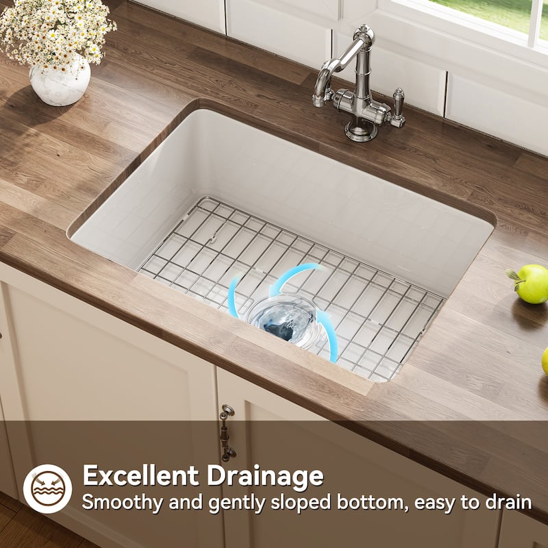 HOROW Undermount Fireclay 27 in. Single Bowl Kitchen Sink, with Grid and Strainer in White