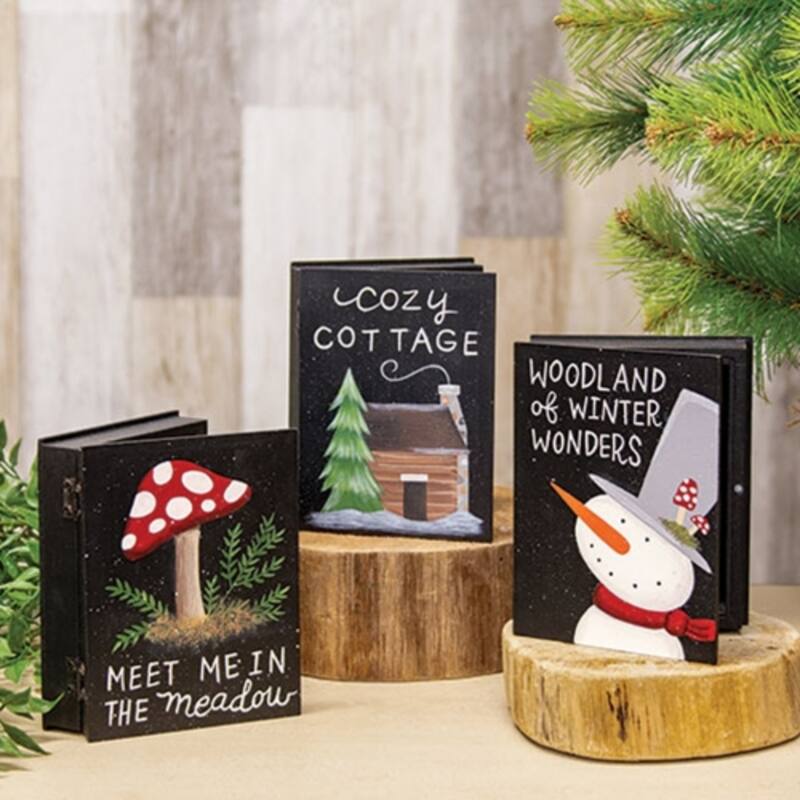 Black Wooden Winter Woodland Book Boxes with Hinged Storage 5x4 in, 3 Asstd. - 4 x 1.25 x 5 in.