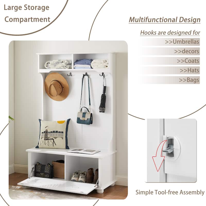 40" Hall Tree with Shoe Rack Bench and Coat Hooks, Entryway Bench with Open Shelves and Shoe Cabinets
