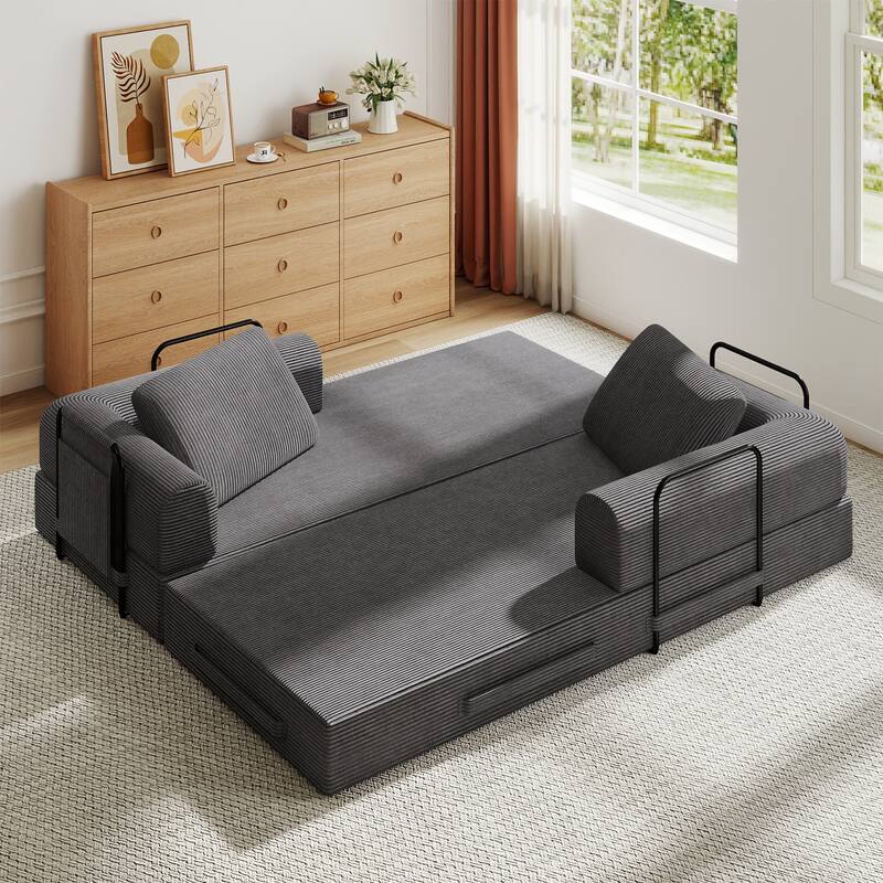 Convertible Sleeper Sofa Bed with Cylindrical Pillow - Corduroy Folding Mattress Couch with Fixed-Shape Frame