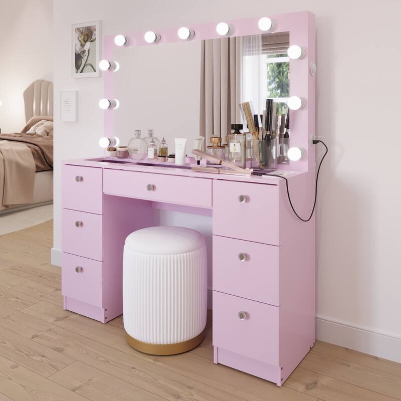 Boahaus Vanity Desk Glass Top with 7 Drawers & Lights Crystal knobs