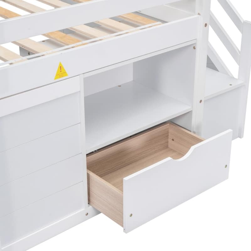Solid Wood Twin Size Low Loft Bed with Stair and Drawer
