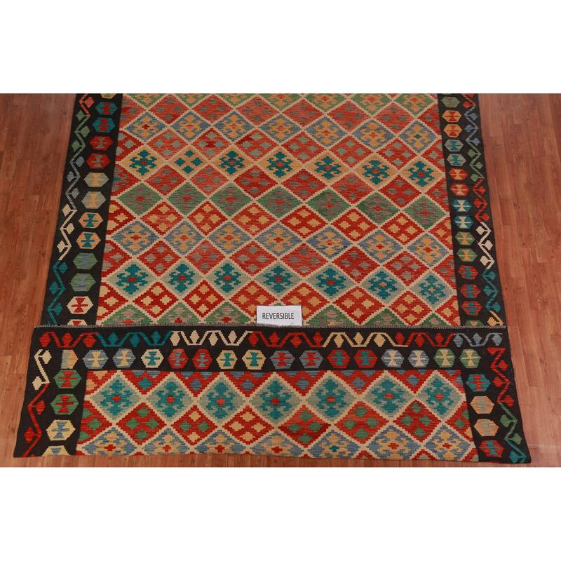 Reversible Trellis Kilim Oriental Area Rug Flatweave Wool Carpet - 8'7"x 11'2"
