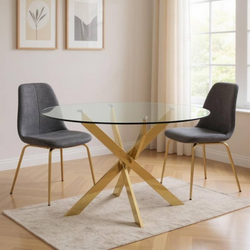 HomeRoots 54" Clear and Gold Glass and Metal Cross Leg Base Round Top Dining Table - 54.00 in. x 30.00 in. x 54.00 in. - Clear - 54.00 in. x 30.00 in.  x 54.00 in.