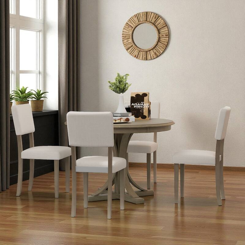 5-Piece Retro Round Dining Table Set, 44" Pedestal Wood Table with Curved Trestle Legs and 4 Upholstered Chairs