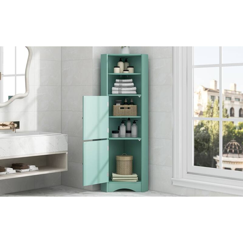 Tall Bathroom Corner Cabinet, Freestanding Storage Cabinet with Doors and Adjustable Shelves, MDF Board, Green