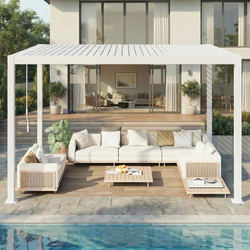 Outdoor Louvered Pergola with Optional Winter Cover – Adjustable Hardtop Gazebo, Steel Frame - 10x12 ft - White