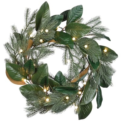 24" Magnolia Mix Pine Wreath with LED Lights - Green - 24 in