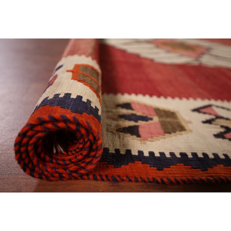 Kilim Qashqai Persian Vintage Rug Flatweave Red Tribal Wool Carpet - 5'2"x 8'0"