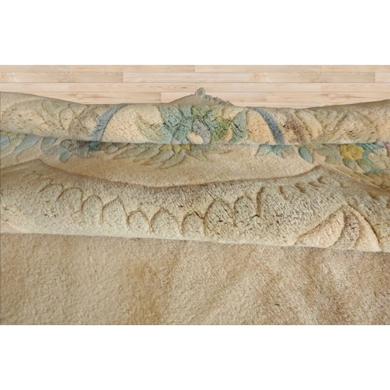 11x18 Hand Knotted Wool Beige Plush Pile Traditional Aubusson Savonnerie Rug - 11' x 18'