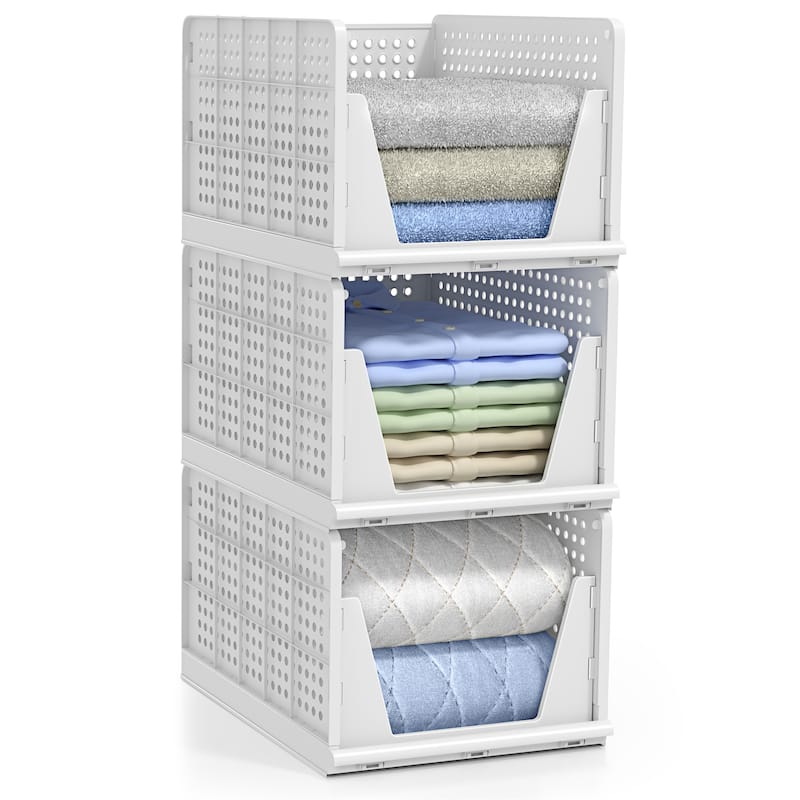 Sorbus 3 Pack Large Closet Shelf Organizer - Foldable and Stackable Storage Baskets - Easy Access Open Front Design - 16.75 x 12.75 x 10 in - White