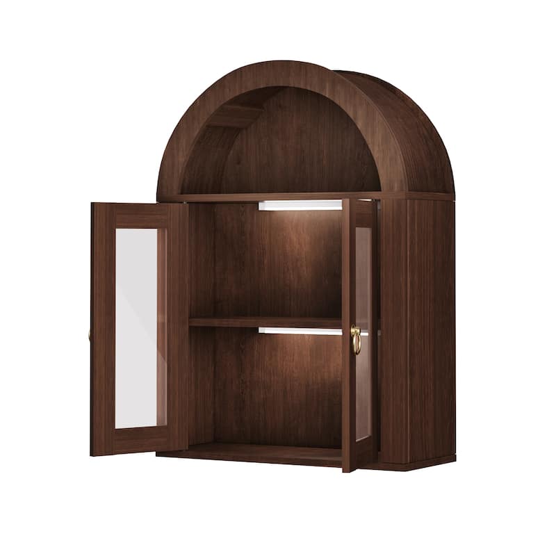 Wall Mounted Arched Cabinet with Glass Doors, Light and Adjustable Shelves for Laundry Room, Bathroom, Kitchen