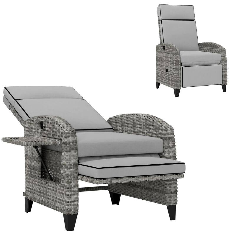 Outdoor Recliner with Cushions,Adjustable Footrest,Armrests,Tray Table