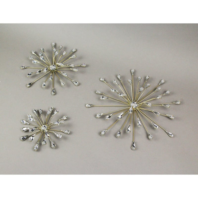 Set Of 6 Gold Finish Crystal Jeweled Rhinestone Starburst Metal Wall