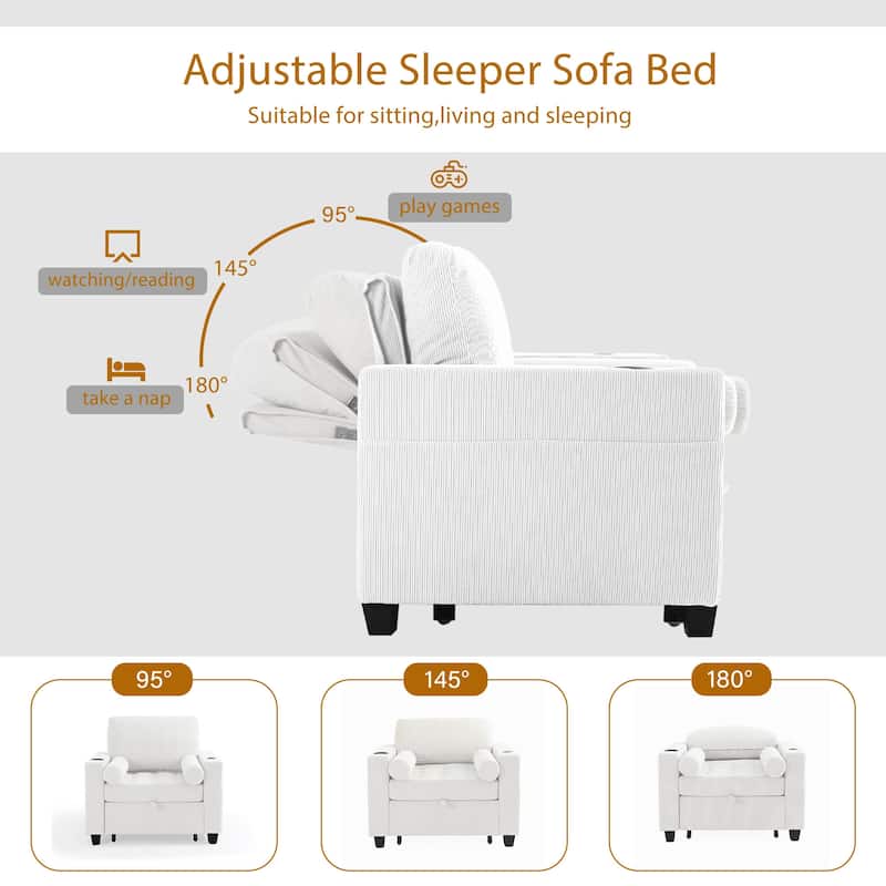 2 Set 3-in-1 Adjustable Recline Convertible Chair Bed Sleeper with USB Port