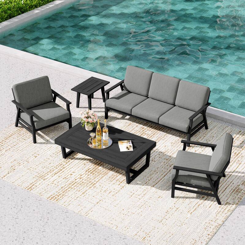5-Piece Teak Outdoor Conversation Set with Tables. - 5-seat - Grey/Black Wood