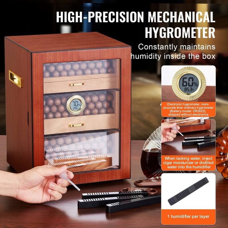 Cigar Humidor, Glass Top Cigar Humidor Box, Handmade Spanish Cedar Wood Cigar Desktop Box, Cigar Storage Case with Humidifier