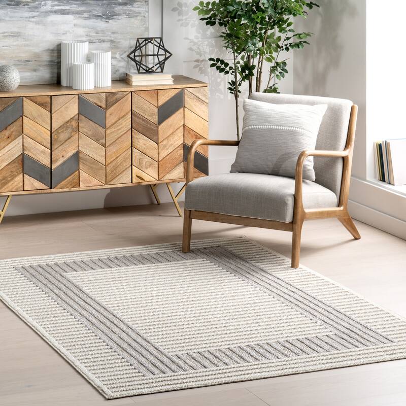 Nuloom Nicka Striped Border Machine Washable Area Rug - 4' x 6' - Light Grey - Rectangle