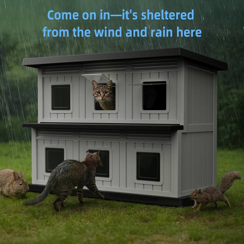 Two Storey Villa Style Sturdy Outdoor Cat House, Weatherproof Resin Shelter with 6 Windbreaks