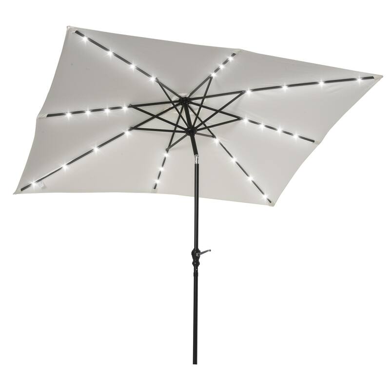 9ft x 7ft Solar LED Patio Umbrella with Tilt & Crank for Outdoor Shade and Lighting - White