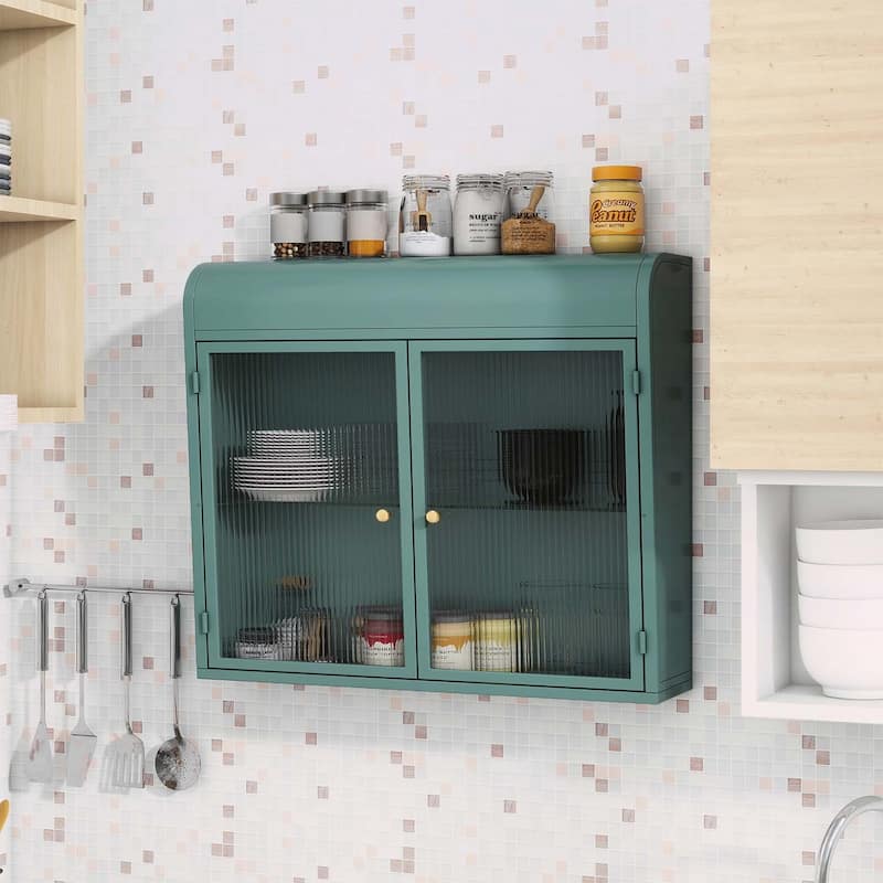 2-Door Wall-Mounted Metal Storage Cabinet with Tempered Glass Doors & Shelves for Bathroom,Kitchen,Living Room & Office - Army Green