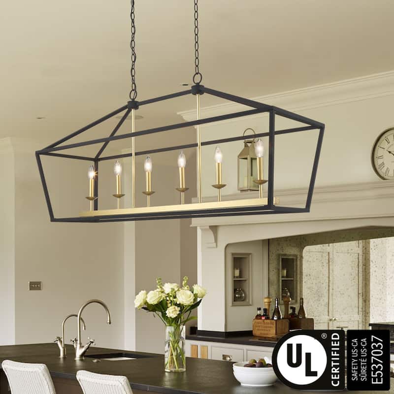 Finnick Mid-century Modern 6-light Rectangle Kitchen Island Lights Lantern Candle Chandelier - 49 inches