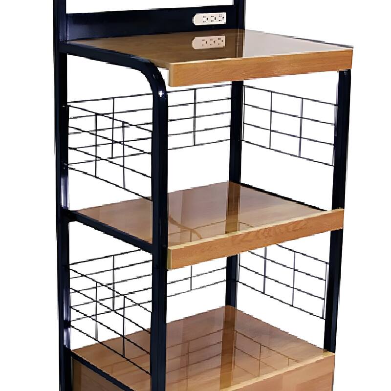 Wood and Metal Frame Microwave Cart with Power Outlet, Black and Brown