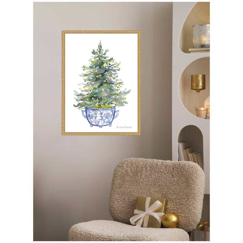 Kate and Laurel Sylvie Framed Canvas Traditional Christmas Tree In Blue Chinoiserie Pot by Patricia Shaw