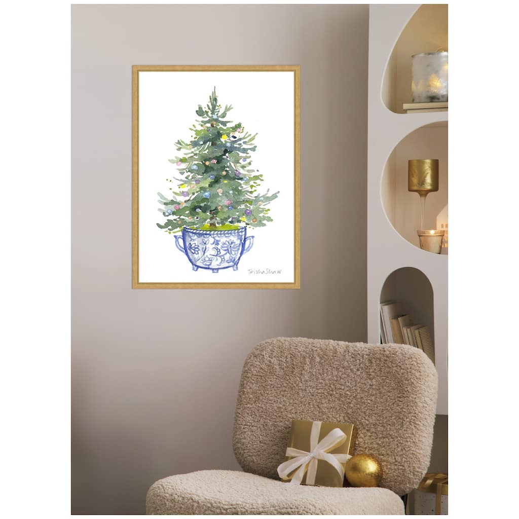 Kate and Laurel Sylvie Framed Canvas Traditional Christmas Tree In Blue Chinoiserie Pot by Patricia Shaw