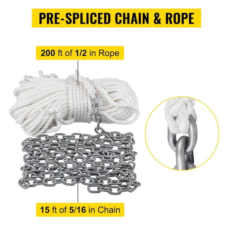 UIMOSO Windlass Anchor Rode and Chain, 5/16" x 15' Boat Anchor Chain and 1/2" x 200' Nylon Rope, 2373 lbs. WLL/7120 lbs.