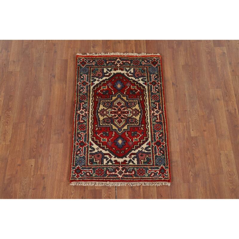 Geometric Heriz Serapi Indian Accent Rug Handmade Red Wool Carpet - 2'0" x 3'0"