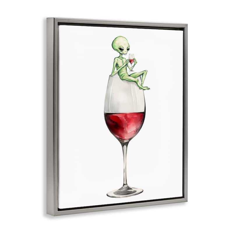 Stupell Alien Perched on Wine Glass Framed Floater Canvas Wall Art Design By Lil' Rue