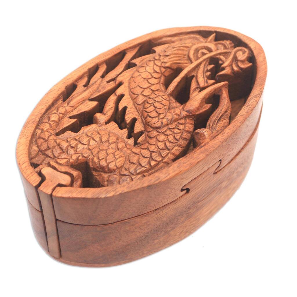 Novica Handmade Dragon Oval Wood Puzzle Box - 2.6" H x 3.1" W x 5.5" D