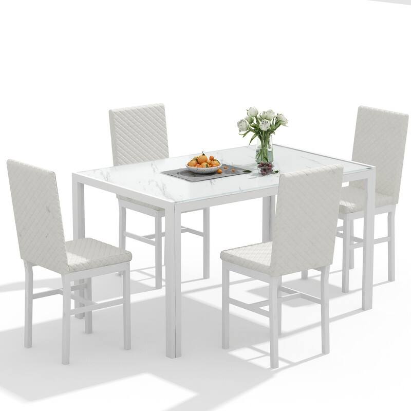 Grondin Modern Style 5-Piece Dining Room Table Set with Tempered Glass Tabletop and 4 Diamond Stitching PU Leather Dining Chairs