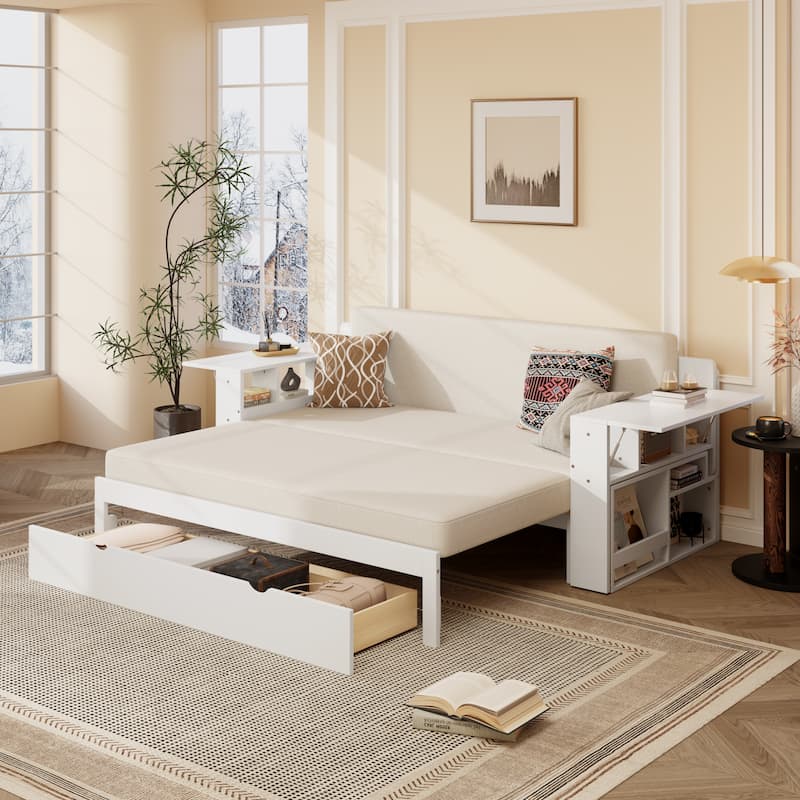 Queen Size Daybed with Removable Desk, Storage Drawers & Hydraulic Side Table