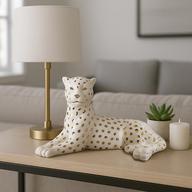 Ceramic Leopard Decorative Figurine - White and Gold