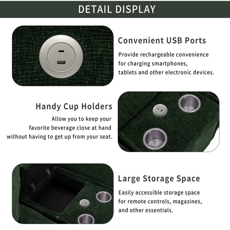 111" Chenille Upholstered Sectional Sofa with 2 Ottomans, USB Ports, Cup Holders and Storage Box for Living Room