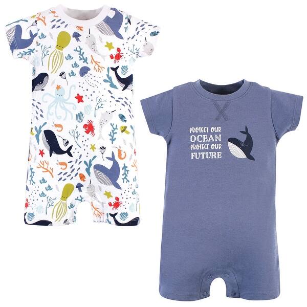 slide 1 of 1, Touched by Nature Unisex Baby Organic Cotton Rompers, Ocean 0 - 3 Months - Blue
