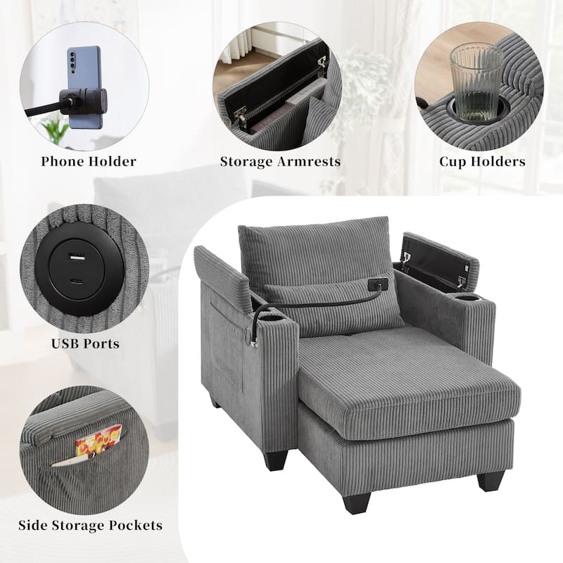 Convertible Chaise Lounge Sofa Chair with USB Ports, Storage 37.4" Corduroy Sleeper Sofa Bed with Adjustable Backrest