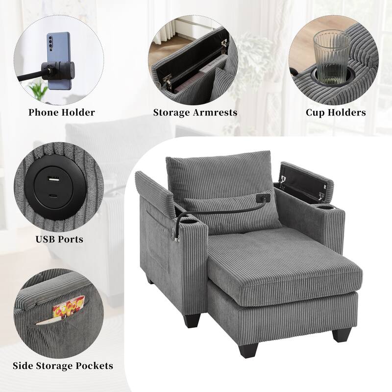 Corduroy Convertible Lounge Chaise with USB Ports, Cup Holders and Storage
