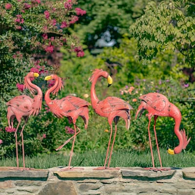Set of 4 Assorted Bright Pink Iron Flamingos