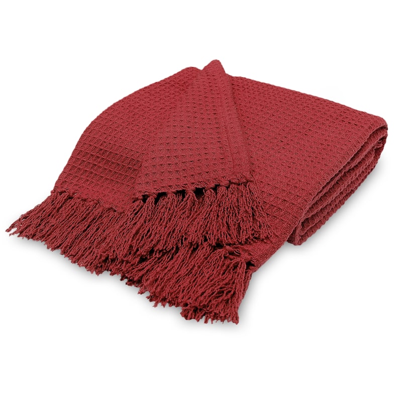 Luxurious Soft Cozy All Season Light Weight Cotton Waffle Weave Throw Blanket with Fringes - 70x50 Inches