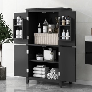 Four-Door Black Bathroom Cabinet with Adjustable Shelves and Metal Hardware - Bed Bath & Beyond ...