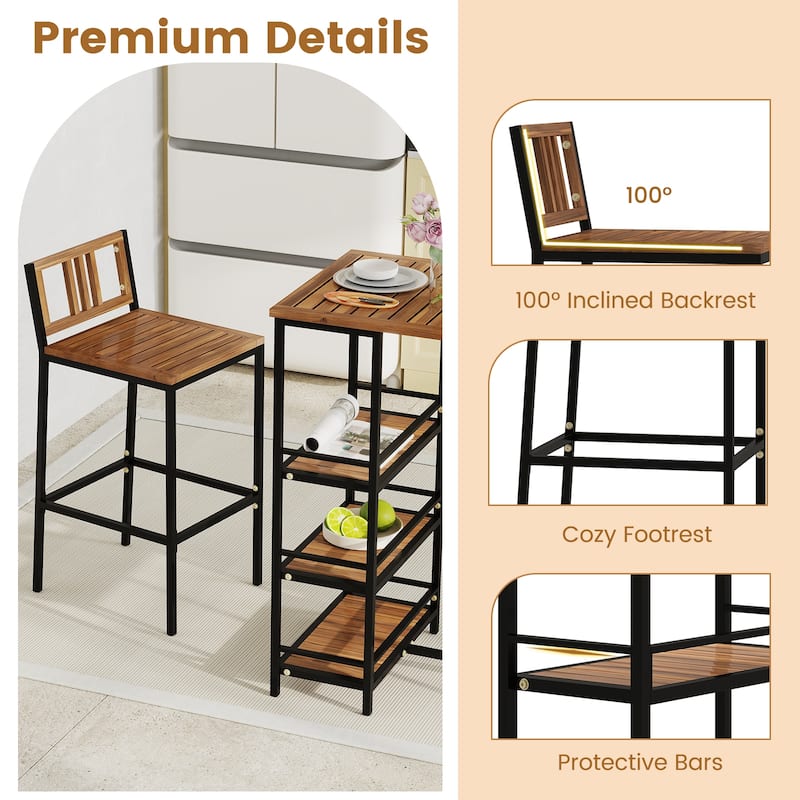 3 Pieces Outdoor Wood Bar Set with 3-Tier Storage Shelf and Metal Frame - Multi